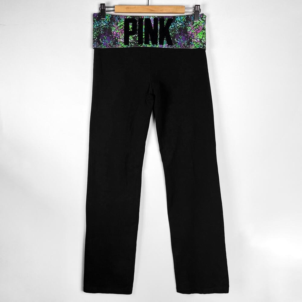 Y2K Victoria's Secret PINK Sequin Floral Foldover Flare Black Yoga Pants Large